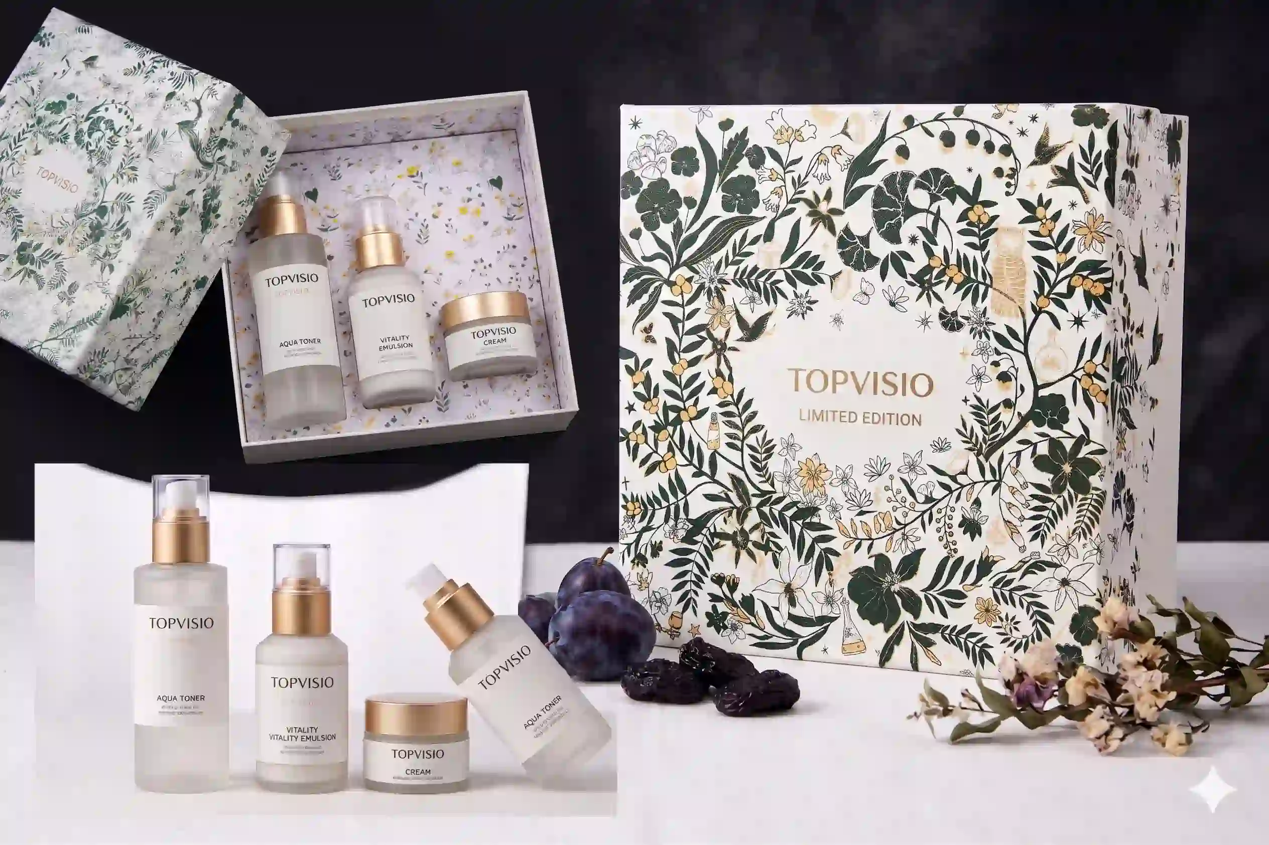 christmas gift box with skincare products display