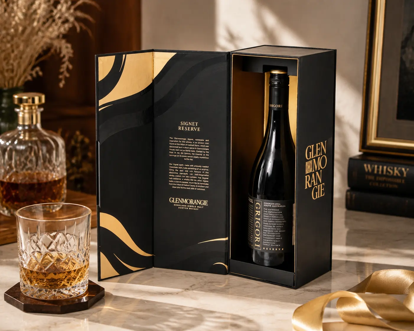 Bourbon gift box displayed with whiskey bottle and glass in a premium lifestyle setting