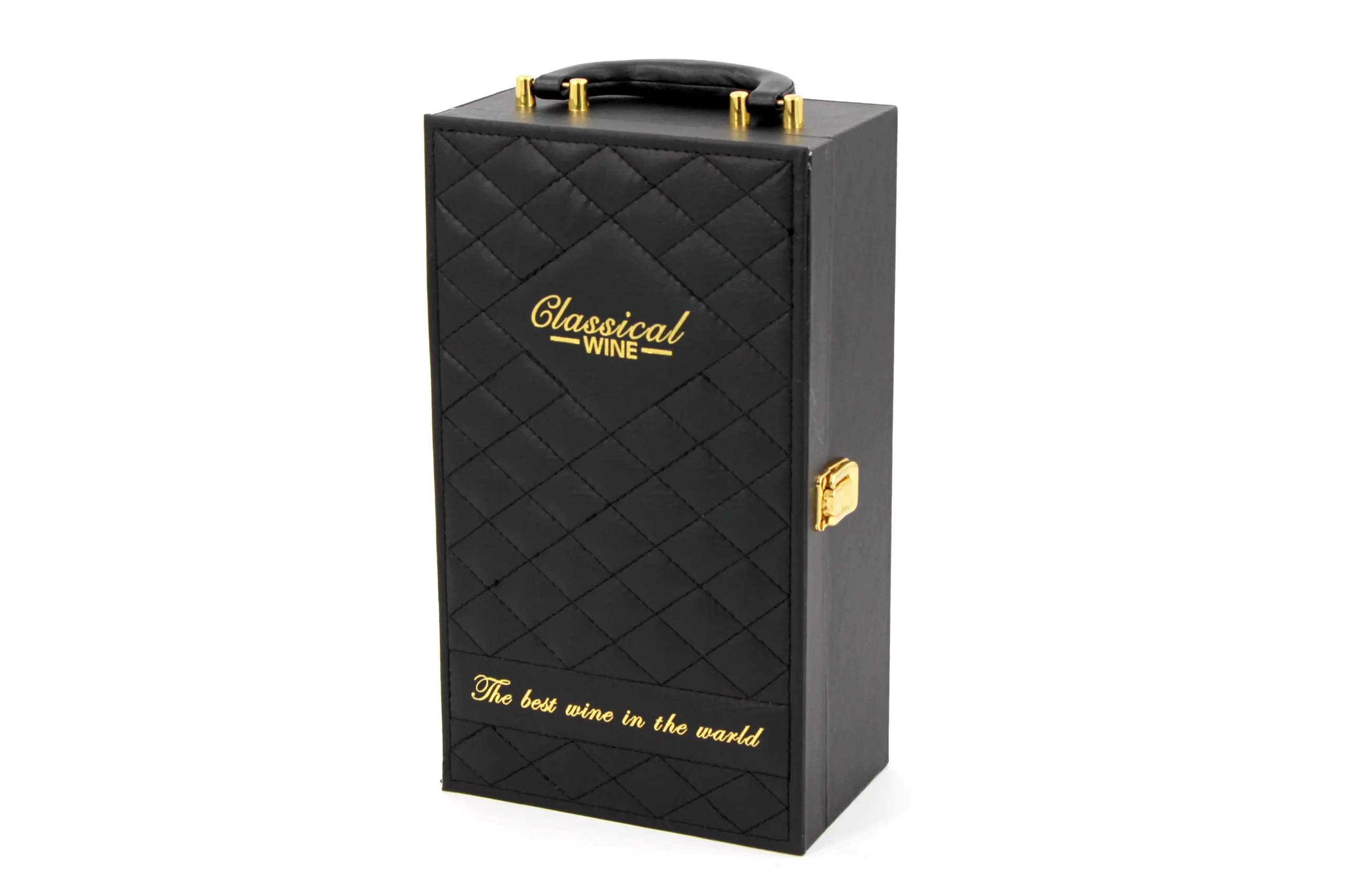 Caja de vino de cuero negro con asa dorada