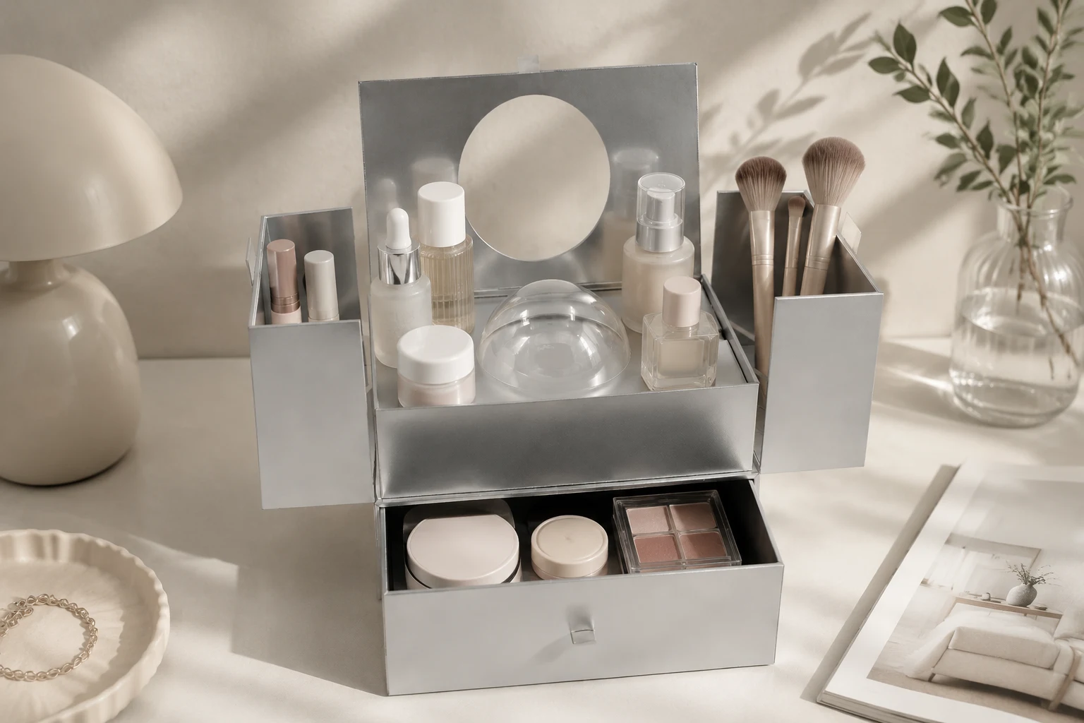 Custom gift boxes styled as a vanity organizer with LED mirror and cosmetics display