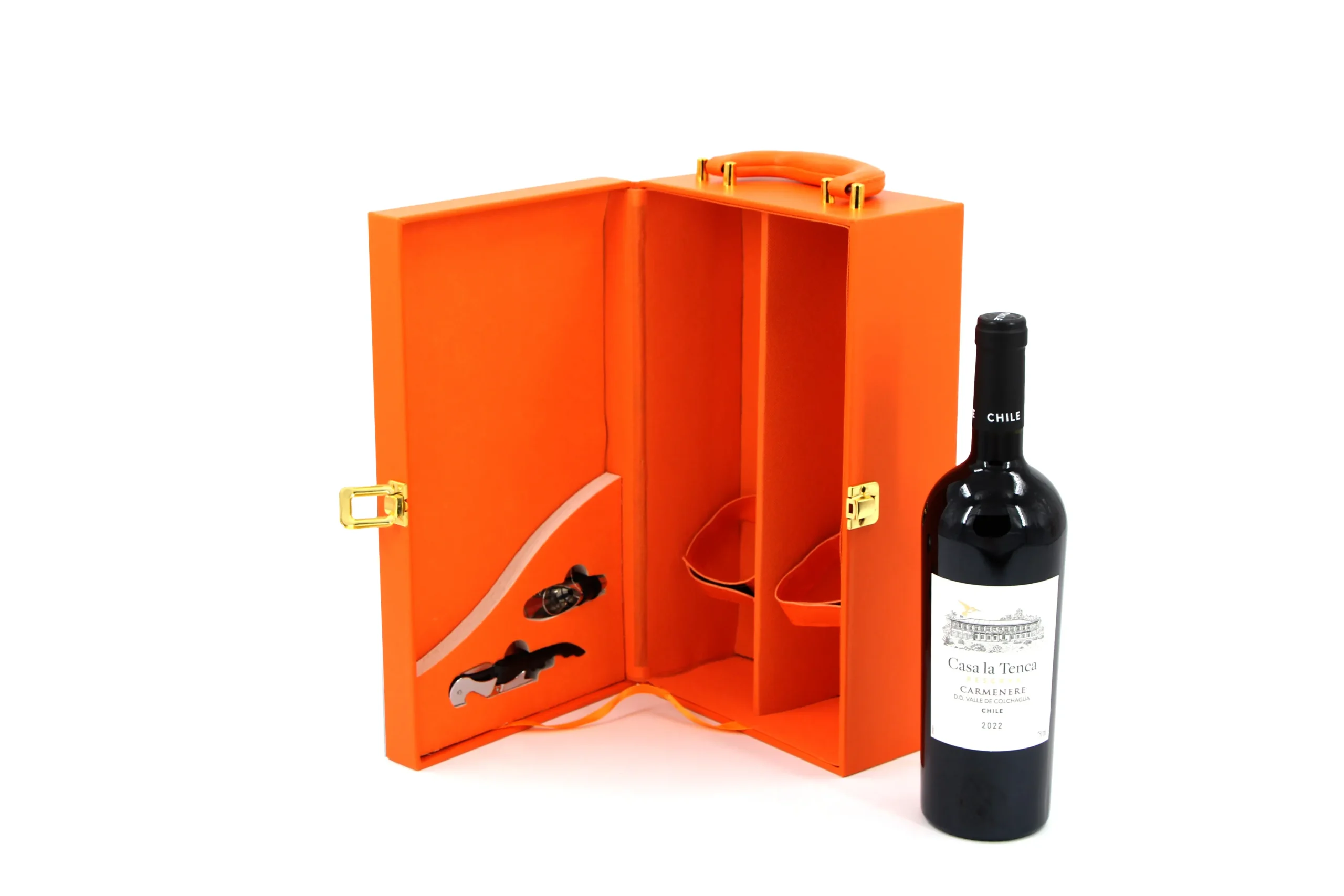 Custom packaging Australia wine box in orange PU leather with bottle displayed inside