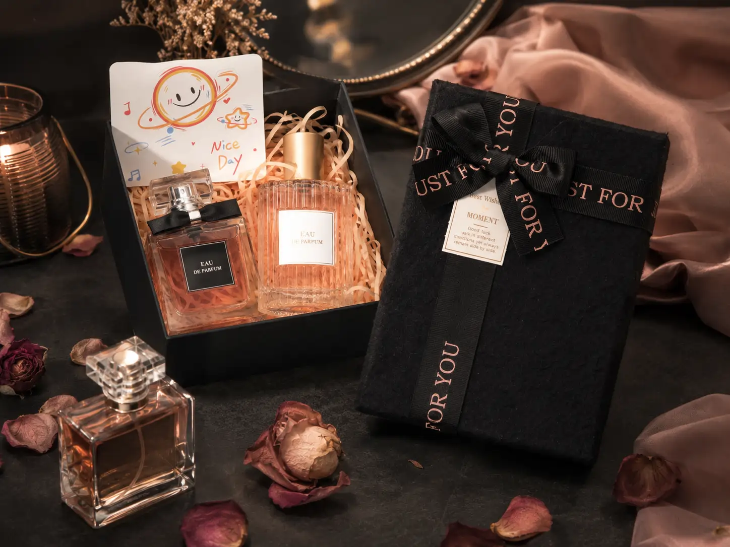 Custom perfume boxes with bottles, lifestyle setting