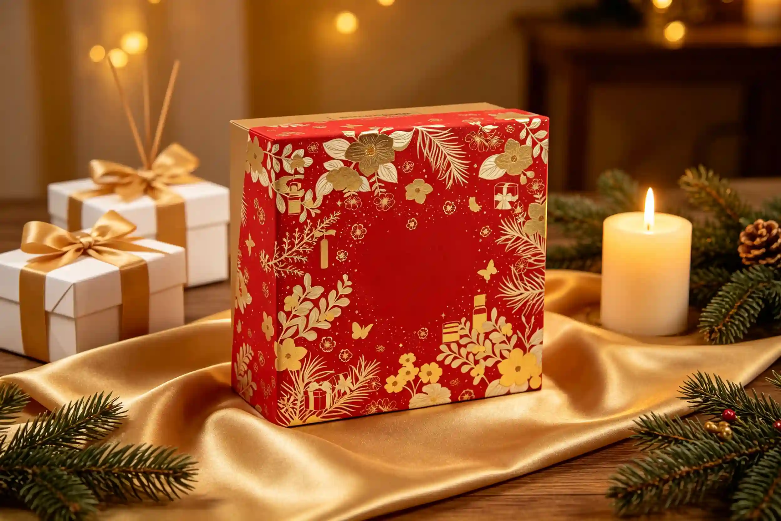 Emballage cosmétique rouge, ambiance de Noël