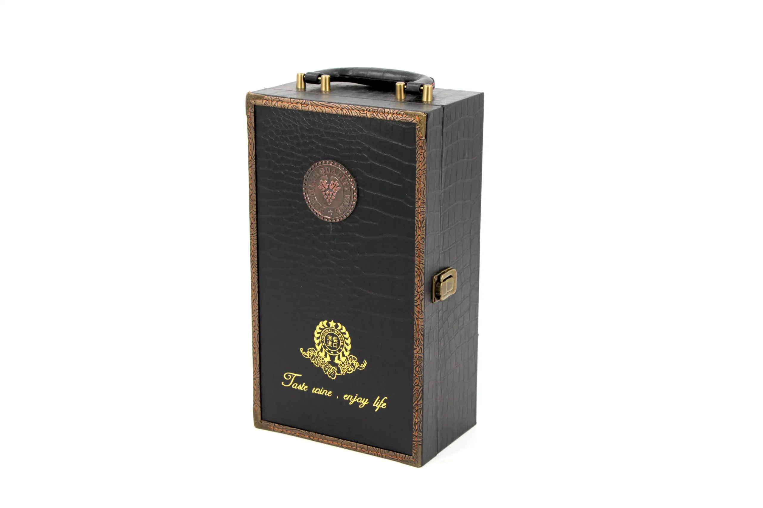 Luxury wine box in brown leather with gold emblem