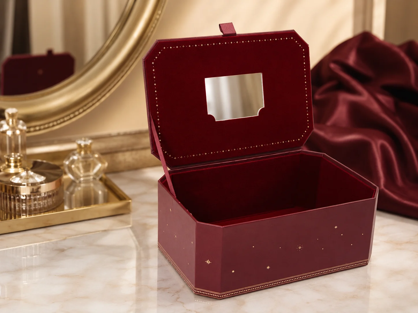 Paper gift box in vanity case shape, lifestyle setting