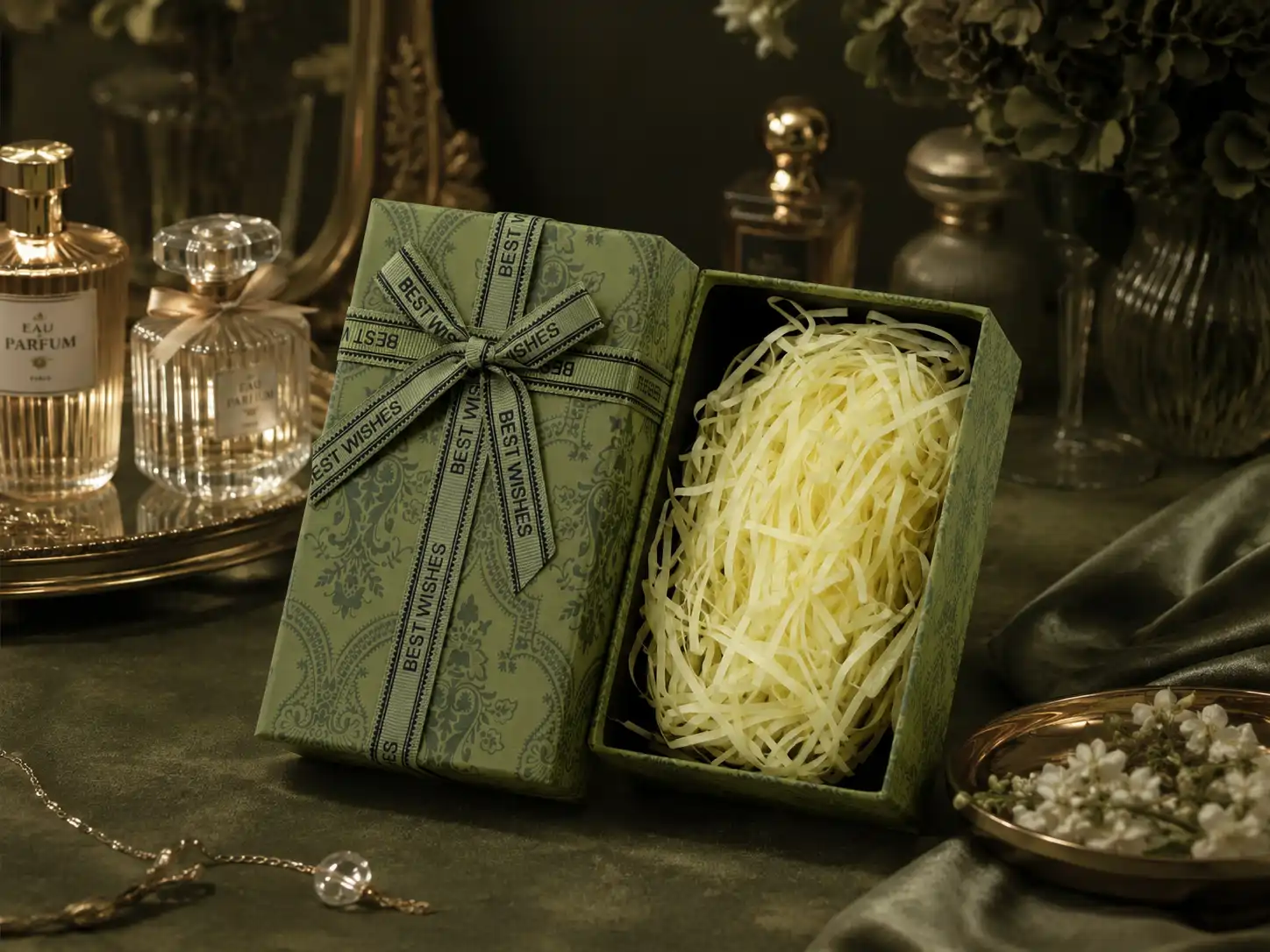 Open rigid box with raffia filler styled among vintage decor pieces