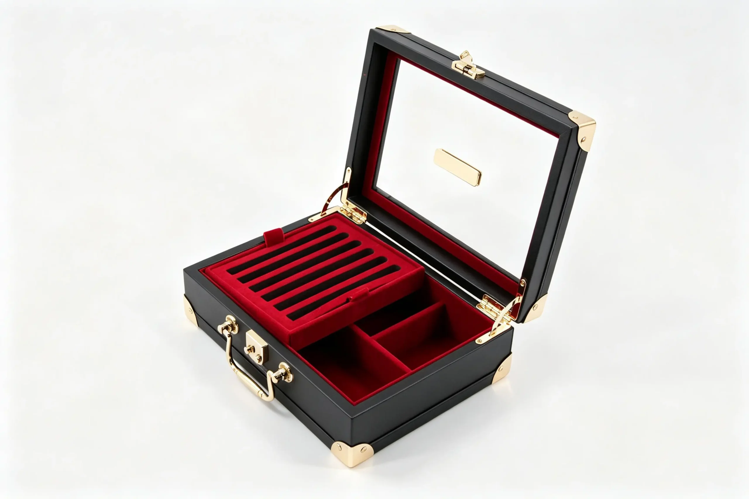 Sustainable packaging case open with brass corner hardware and clasp