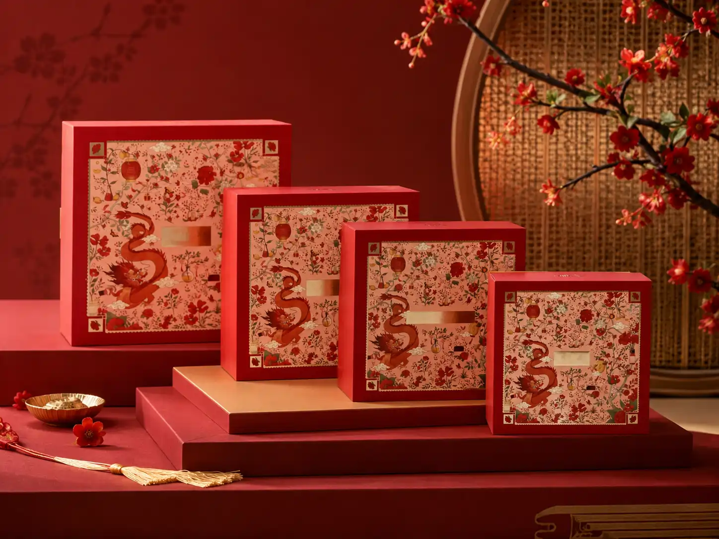 Two piece box set in graduated sizes styled with festive lantern decor