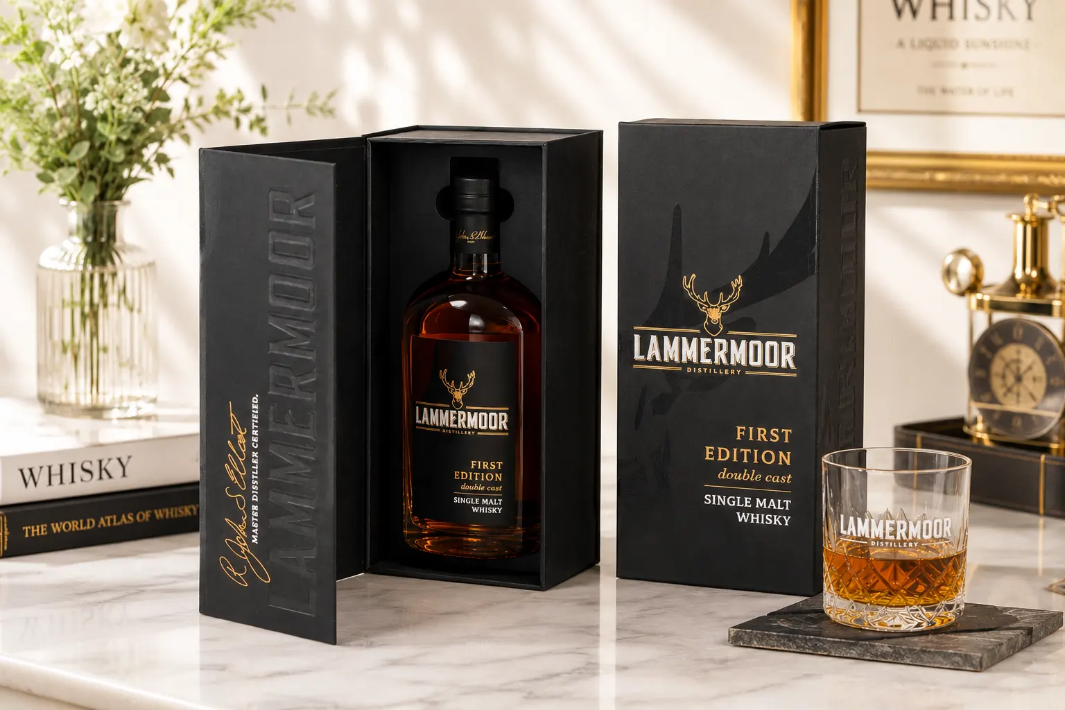 Whiskey gift box with custom insert displaying a premium whiskey bottle