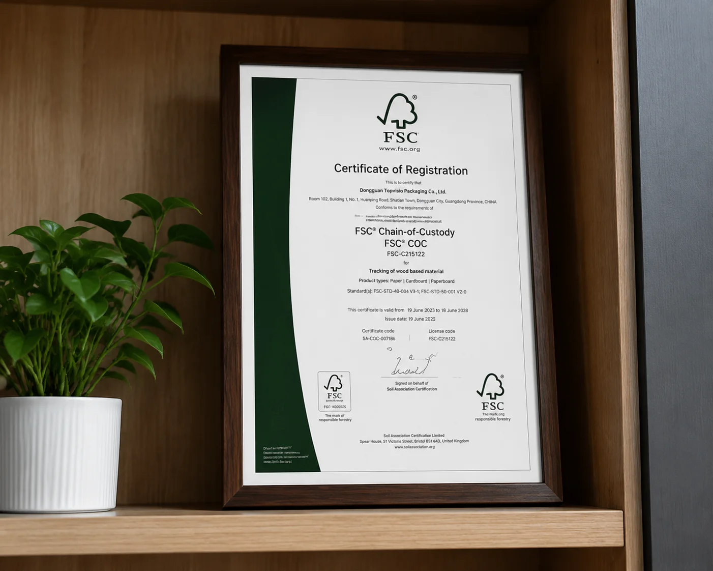Topvisio FSC chain-of-custody certificate for certified packaging