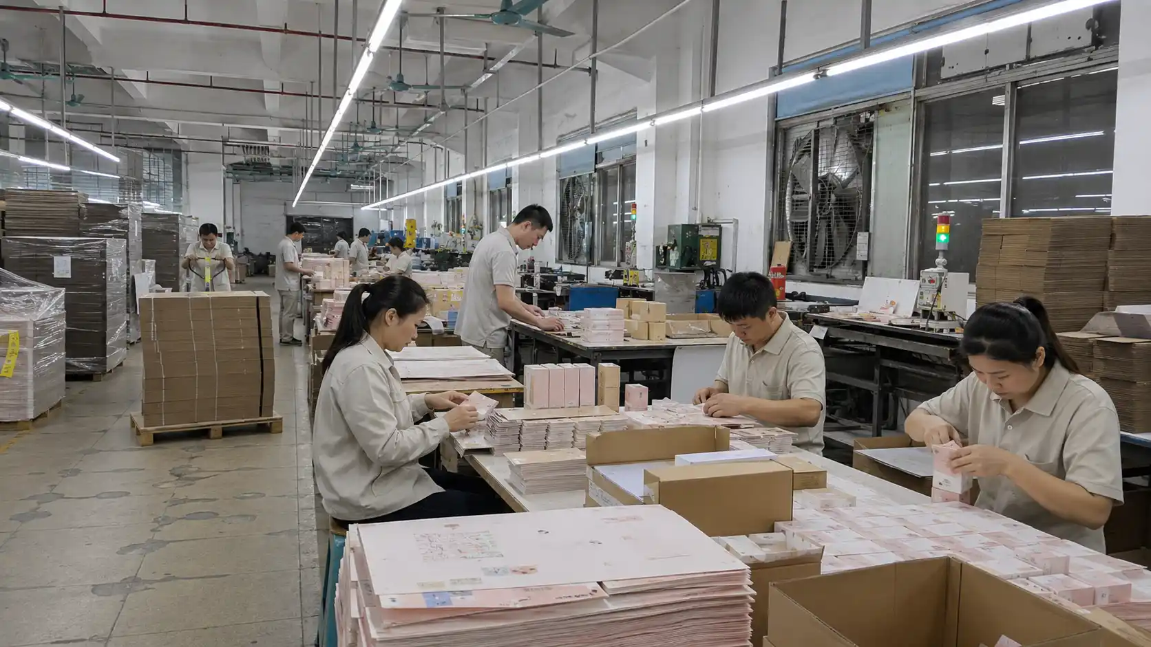 Factory workers assembling paper boxes during the packaging production process