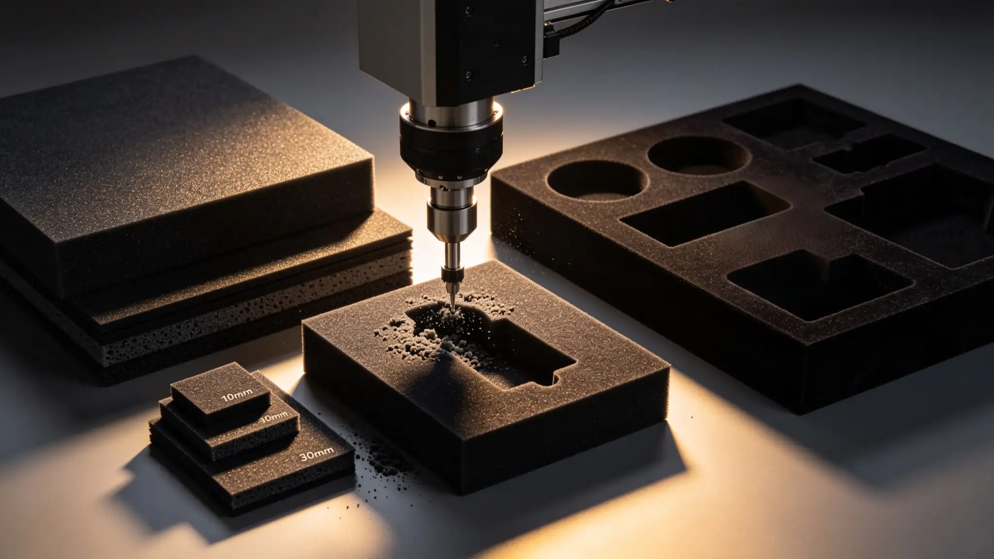 CNC cutting custom cavities in a black EVA foam packaging insert
