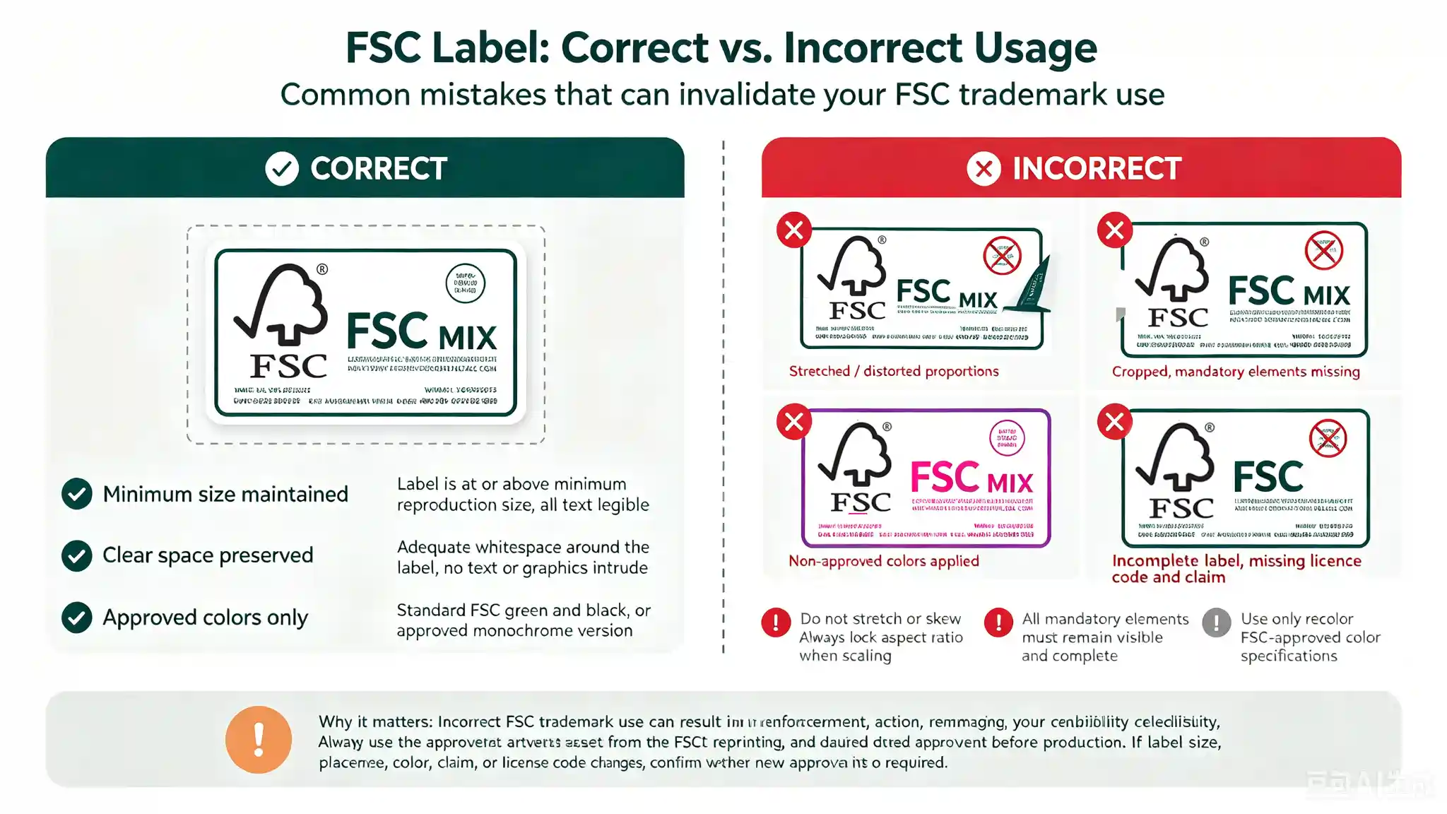 Correct and incorrect FSC label usage on packaging