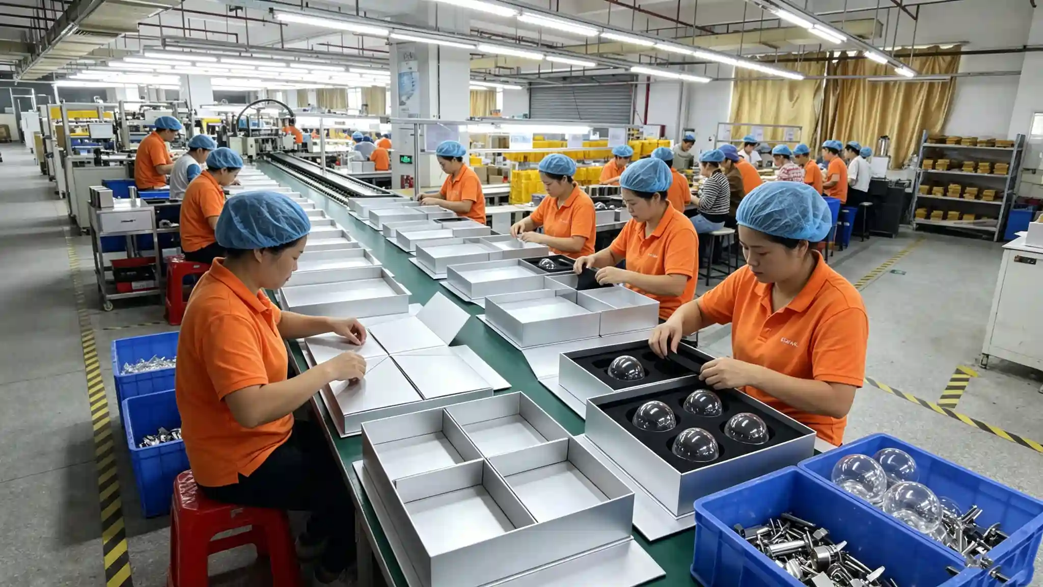 Gift box manufacturing workers on the assembly line