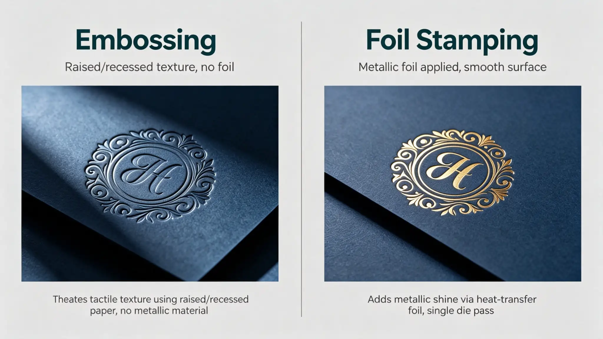 Packaging finish embossing and foil stamping comparison