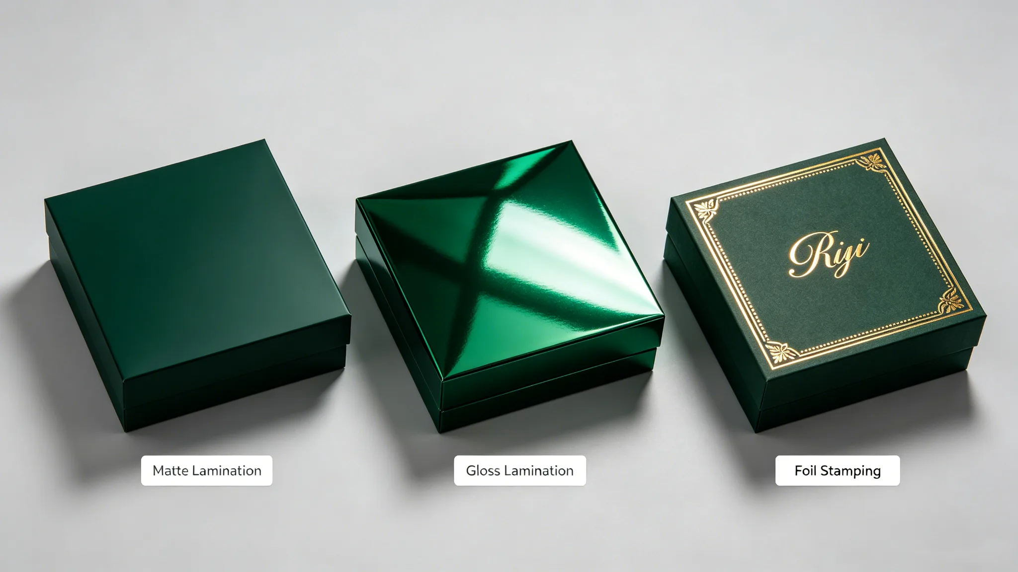Packaging finish comparison of matte gloss and foil boxes