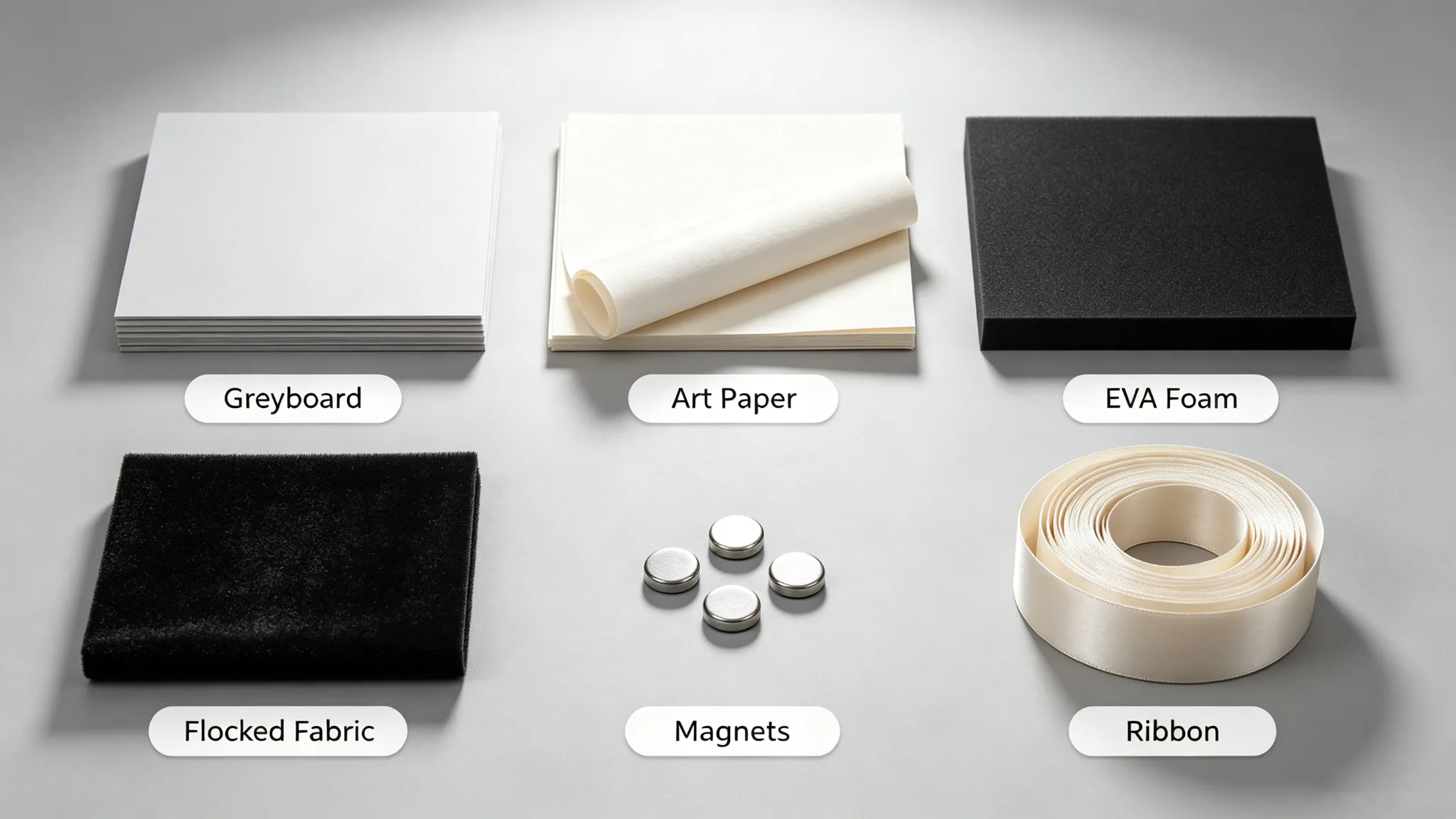 Packaging materials samples for boxes inserts and closures