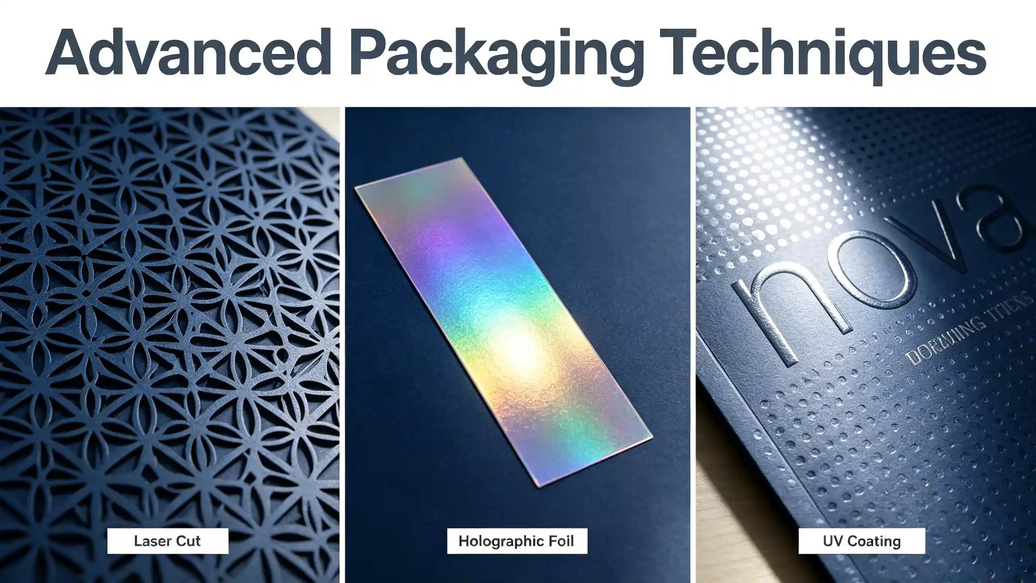 Advanced packaging techniques laser cutting holographic foil and UV doming