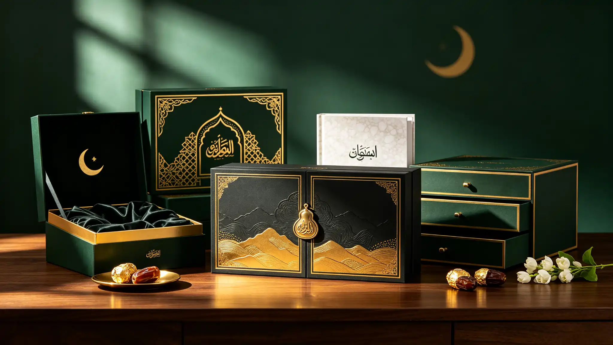 Luxury Ramadan gift box collection with crescent moon and Arabic design details