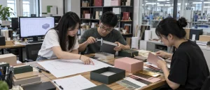 Topvisio packaging team reviewing gift box structure, materials and sample dimensions